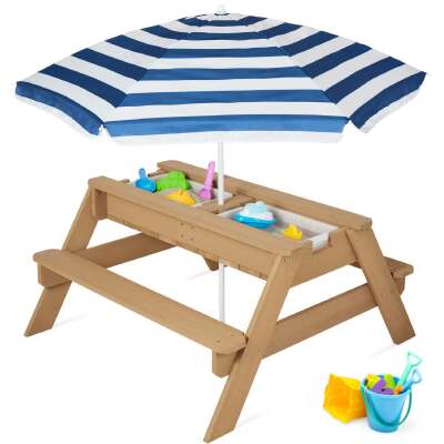 3-in-1 Kids Sand & Water Table Outdoor Wood Picnic Table w/ Umbrella