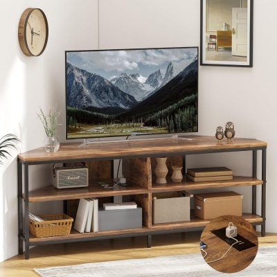 MUTUN Corner TV Stand with Power Outlet,  TV, Corner Entertainment Center, Industrial TV Console Table for Living Room Bedroom, 55 Inch, Rustic Brown