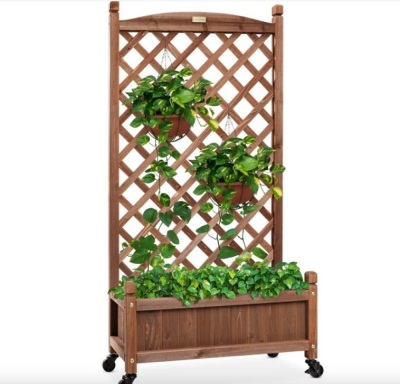 Wood Planter Box & Lattice Trellis w/ Drainage, Optional Wheels - 60in