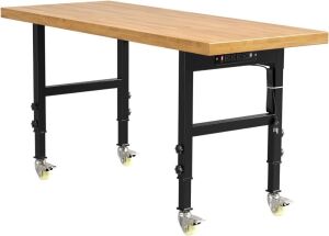  60” Heavy-Duty Solid Wood Work Bench with Wheels, Adjustable Height, Power Outlets, 3000 Lbs Capacity 