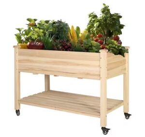 VEIKOUS 47 in. W x 22 in. D x 33 in. H Wood Raised Garden Bed with Lockable Wheels, Shelf and Liner, Natural