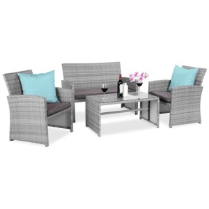 4-Piece Outdoor Wicker Conversation Patio Set w/ 4 Seats, Glass Table Top