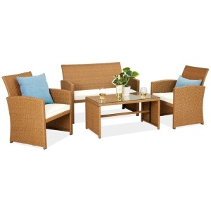 4-Piece Outdoor Wicker Conversation Patio Set w/ 4 Seats, Glass Table Top