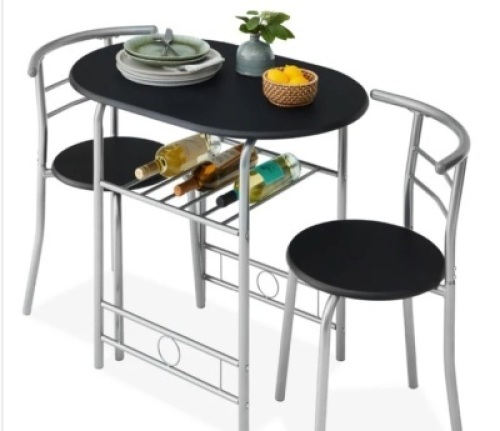 3-Piece Wooden Table & Chairs Dining Set w/ Lower Storage Shelf