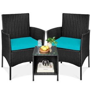 3-Piece Outdoor Patio Wicker Bistro Set w/ Side Storage Table