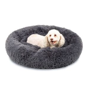 36" Self-Warming Shag Fur Calming Pet Bed w/ Water-Resistant Lining - Gray