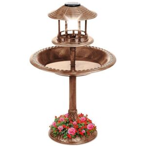 Solar Lighted Outdoor Pedestal Bird Bath w/ Planter, Decorative Bird Cage