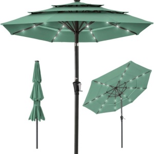 3-Tier Solar Patio Umbrella w/ LED Lights, Tilt Adjustment, Crank - 10ft