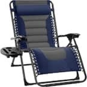 Oversized Padded Zero Gravity Navy/Gray Metal Reclining Outdoor Lawn Chair w/Side Tray 