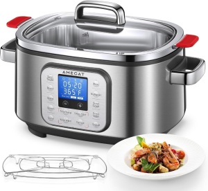 10-in-1 Programmable Slow Cooker 6 Quart with Stainless Steel Pot, Glass Lid, Steaming Rack, and LED Display