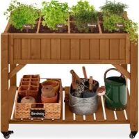 Elevated Mobile Pocket Herb Garden Bed w/ Lockable Wheels, Storage Shelf