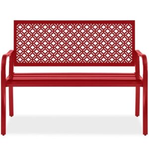 Indoor Outdoor Steel Bench w/ Geometric Backrest, Foot Levelers