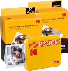 KODAK Mini 3 Retro 4PASS Portable Photo Printer (3x3 inches) Initial 8 Sheets + 60 Sheets Bundle, Yellow