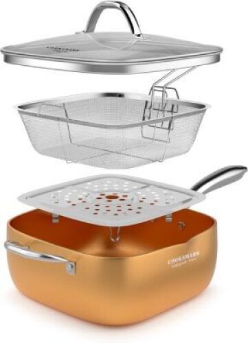 All in One Copper Pan, 9.5-Inch Nonstick Deep Square Induction Frying Pan with Glass Lid