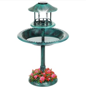 Solar Lighted Outdoor Pedestal Bird Bath w/ Planter, Decorative Bird Cage