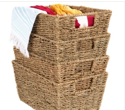 Set of 4 Seagrass Storage Tote Baskets, Laundry Organizer w/ Insert Handles