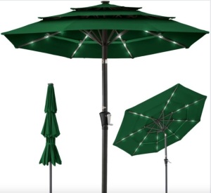 3-Tier Solar Patio Umbrella w/ LED Lights, Tilt Adjustment, Crank - 10ft