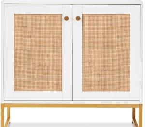 2-Door Rattan Storage Cabinet Accent Furniture for Living Room w/ Foot Pads