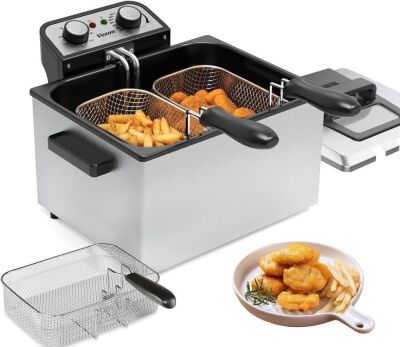 Vexon 1800W 21 Cups Large Electric Deep Fryer with 3 Frying Baskets, Adjustable Temperature, View Window Lid