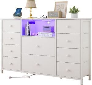 LDTTCUK Dresser with Charging Station and LED Lights, 10 Fabric Drawers 