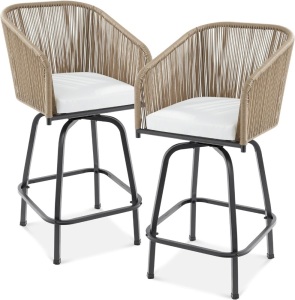 Best Choice Products Set of 2 Woven Wicker Swivel Bar Stools, Patio Bar Height Chair for Backyard, Pool, Garden, Deck w/ 360 Rotation, 250lb Capacity - Natural/Ivory