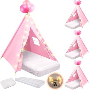 Kids Teepee Tent with Lights & Inflatable Air Bed, Set of 4 