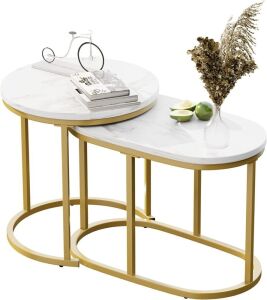  Modern White Marble Nesting Coffee Table, Gold Metal Frame, Set of 2 