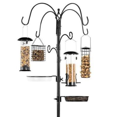 Bird Feeding Station, 6-Hook Steel Multi-Feeder Stand w/ 4 Feeders - 89in 