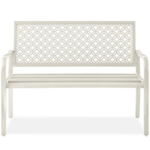 Indoor Outdoor Steel Bench w/ Geometric Backrest, Foot Levelers 