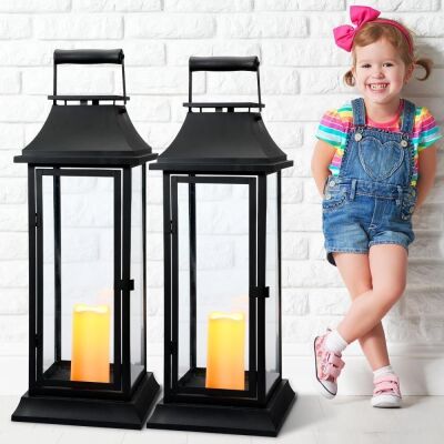  Mifoci Jumbo Black Metal Decorative Lanterns with Clear Glass Panel, 24", Set of 2 