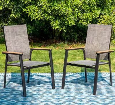 PHI VILLA Black Stackable Lightweight Aluminum Patio Outdoor Dining Chair, 2 Pack  