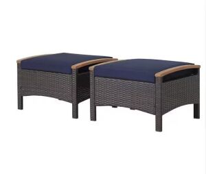 Honey Joy 2-Piece Wicker Outdoor Ottoman with Blue Cushions and Curved Acacia Wood Handles 