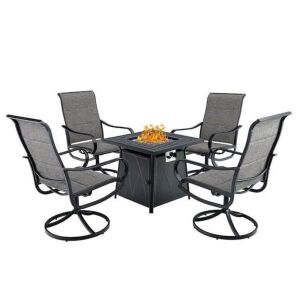 Black 5-Piece Metal Patio Fire Pit Set with Padded Textilene Swivel Chairs 