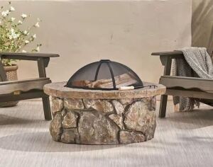 Noble House Samson 34 in. x 21 in. Round Cement Wood Burning Outdoor Patio Fire Pit in Natural - Small Cracks & Paint Chipped