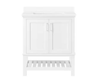 Home Decorators Collection Tupelo 30 in. W x 19 in. D x 34 in. H Single Sink Bath Vanity in White with White Engineered Stone Top - Small Chip in Top  