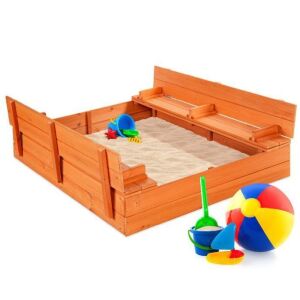 Kids Cedar Sandbox w/ Sand Screen, 2 Benches - 47x47in