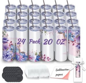 Stainless Steel Double Wall Insulated 20oz Skinny Sublimation Tumblers, 24 Pack 