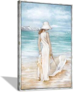  Modern Woman & Umbrella Sea Print Framed Wall Art on Canvas, 45” x 30"