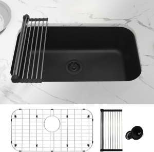 Undermount Kitchen Sink Black,30" X 18” Granite Stone Sink,Undermount Single Bowl Kitchen Sinks,R80 Round Corner Design