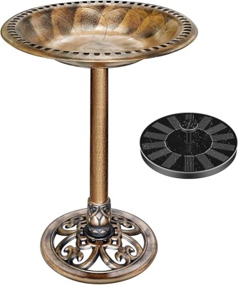 VIVOHOME Polyresin Antique Outdoor Golden Garden Bird Bath and Solar Powered Round Pond Fountain Combo Set