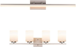 mirrea 36in Modern LED Vanity Light for Bathroom Lighting Dimmable 36w Brushed Nickel (Warm White 3000K) 28in 4-Light with Etched White Glass Shades Burshed Nickel Finished Fixture