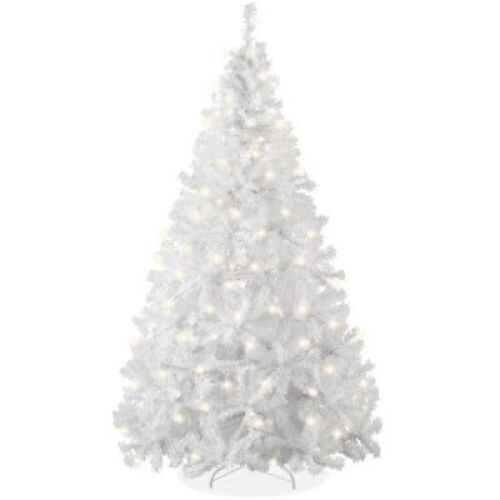 Lot of (2) 6' Pre-Lit Hinged Artificial White Pine Christmas Tree w/ Lights, Metal Stand