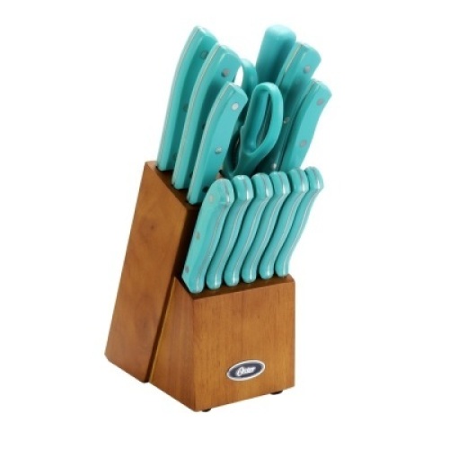 Oster Evansville 14 Piece Stainless Steel Cutlery Set with Turquoise Plastic Handles - Appears New&nbsp;