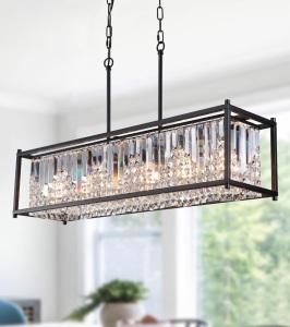 Q&S Modern Crystal chandelier for Dining Room,Black Rectangular Farmhouse Industrial Pendant 6 Lights for Kitchen Island Bar Living Room Pool Table L37.5 UL Listed