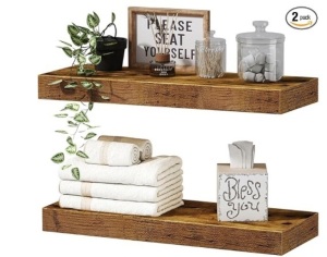 QEEIG Floating Shelves Bathroom Farmhouse Wall Mounted Shelf with Towel Bar Kitchen Shelve Rustic Shelfs Set of 2, Rustic Brown