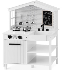 Kids Farmhouse Play Kitchen w/ Chalkboard, Storage Shelves, 5 Accessories