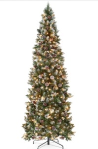 Pre-Lit Partially Flocked Pencil Christmas Tree w/ Pine Cones, Metal Stand 7.5ft