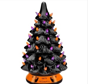 Ceramic Halloween Tabletop Tree w/ Orange & Purple Bulb Lights - 15in