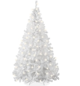 Pre-Lit Hinged Artificial White Pine Christmas Tree w/ Lights, Metal Stand 4.5ft