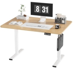 Electric Standing Desk, 40 x 24 Inches Height Adjustable Corner Table, Computer Workstation with Cup Holder and Hook for Home Office, 40x24 Inch, White Frame/Natural Top